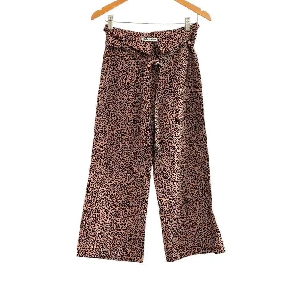 Reformation Jackie Cropped Belted Leopard Print Linen Wide Leg Pants Size 2